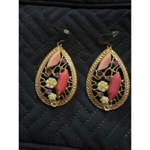 Bohemian Dangle Earrings Gold Tone‎ Pink Peach Flowers Boho Statement